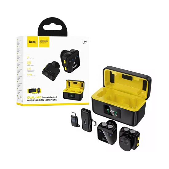 Microfone duplo sem fios Lapela magnético Hoco L17 com conector Lightning+Tipo-C preto