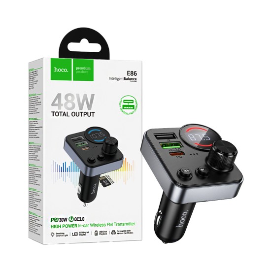 Transmissor FM Sem Fio Hoco E86 Alegria com USB duplo+Tipo-C PD30W+QC3,0 USB Preto