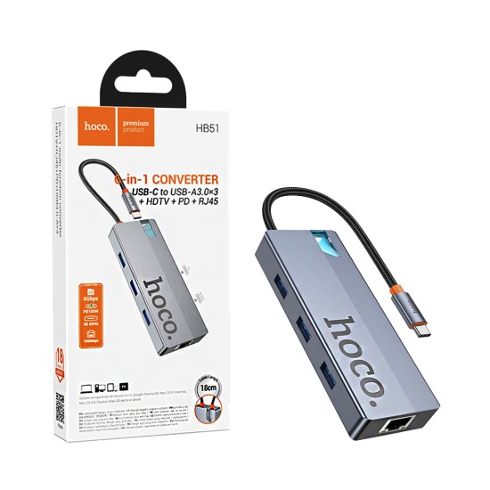 Adaptador Conversor Hoco HB51 Wow Tipo-C to HDTV+RJ45+PD+3USB 3,0 100W 18cm Cinza Espacial Profundo