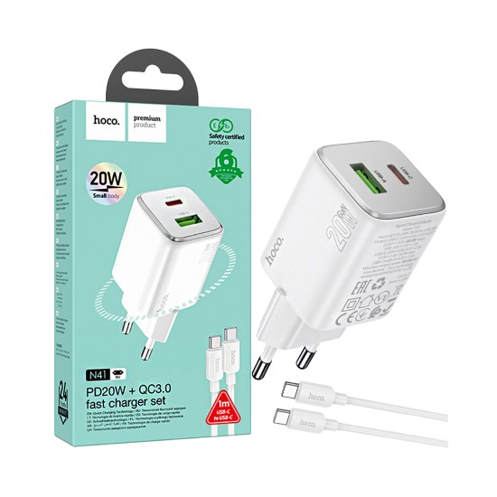 Hoco Charger N41 Almighty 2 Ports USB+Type-C QC+PD 20W GAN with Type-C to Type-C Cable 1m White