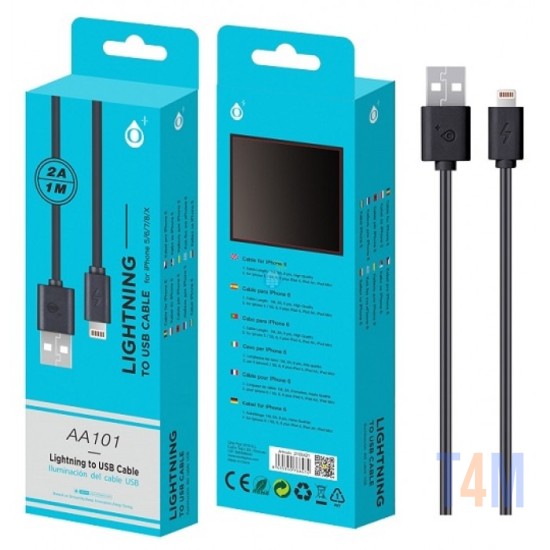 CABO DE DADOS ONEPLUS USB 2.0A PARA IPHONE 5,6,7,8,X REF AA101 PRETO