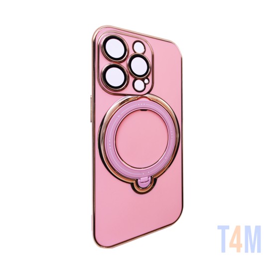 Capa de Silicone Dura com Protetor de Câmera e Anel de Suporte para Apple iPhone 14 Pro Rosa