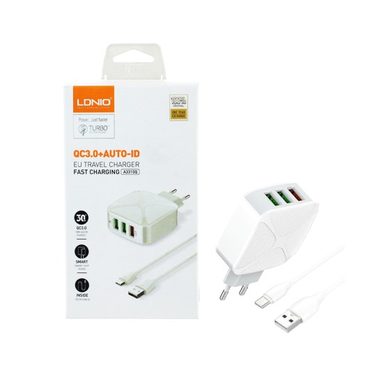 Carregador Ldnio A3310Q Portas Triplas USB-A 30W QC3.0 com Cabo Tipo-C 1M Branco