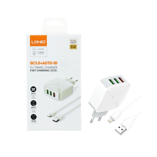 Carregador Ldnio A3310Q 3 Portas USB-A 30W QC3.0 com Cabo Lightning 1M Branco