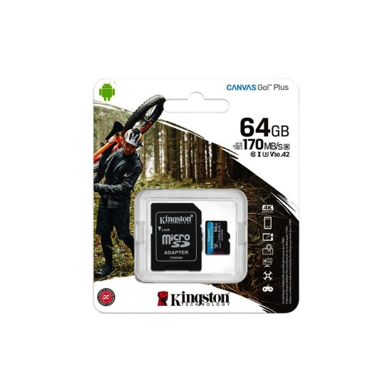 Cartão de Memória Micro SDXC Kingston Canvas Go Plus 64GB UHS-I U3 V30 A2 com Adaptador