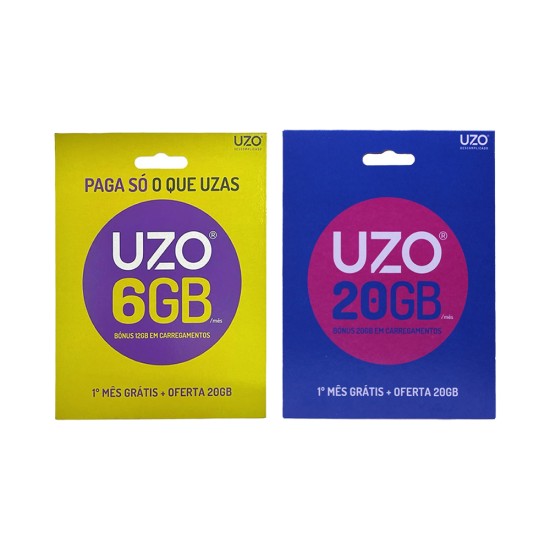 Conjunto de combinação de cartão SIM UZO 26 GB (1000 min/50SMS) + UZO 40 GB (20GB+2000MIN+50 SMS 20GB) Bónus Carregmento durante 1 Mês