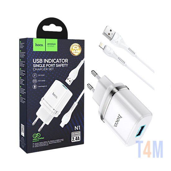 Adaptador Hoco N1 Ardent USB 2,4A con Cable Lightning 1M Blanco