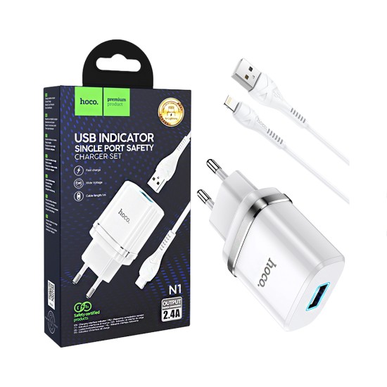 Adaptador Hoco N1 Ardent USB 2,4A com Cabo Lightning 1M Branco