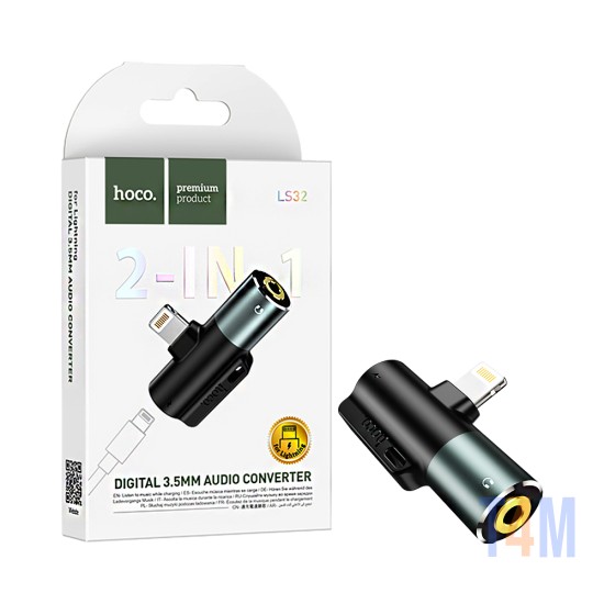 Adaptador de Áudio 2 em1 Hoco LS32 Lightning para Fêmea Lightning+3,5mm Cinza Metálico