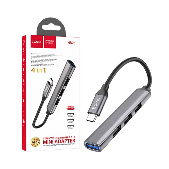 Adaptador Hoco HB26 Tipo-C para 4USB Cinza Metálico