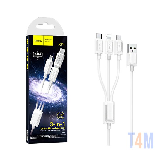 Cabo de Carregamento 3 em 1 Hoco X74 (Lightning+Type-C+Micro) 2A 1M Branco