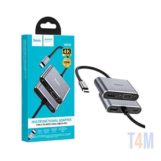 Adaptador Conversor Hoco HB30 Eco Tipo-C to HDTV+VGA+USB3,0+PD 100W 0,2m Cinza Metálico