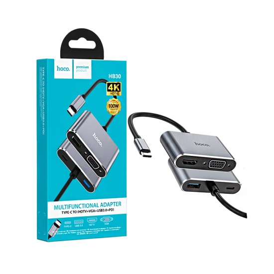 Adaptador Conversor Hoco HB30 Eco Tipo-C to HDTV+VGA+USB3,0+PD 100W 0,2m Cinza Metálico