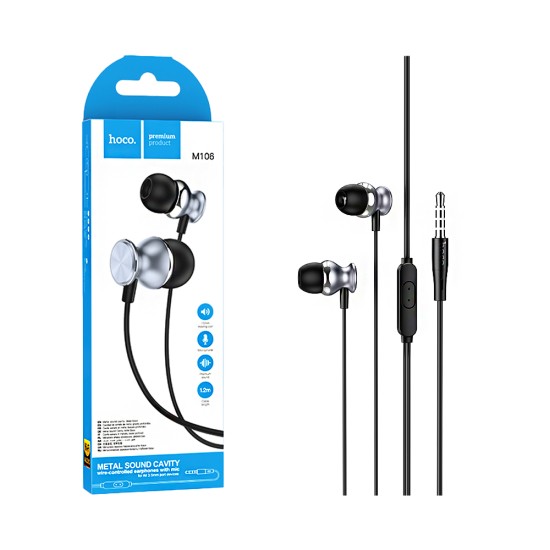 Hoco Universal Wired Earphones M106 Fountain with Microphone 3.5mm 1.2m Metal Gray