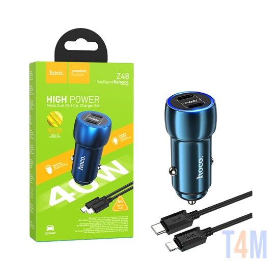 Cargador de Coche Hoco Z48 Tough Puerto Doble Tipo-C 40W con cable Tipo-C a Lightning 1M Azul Zafiro