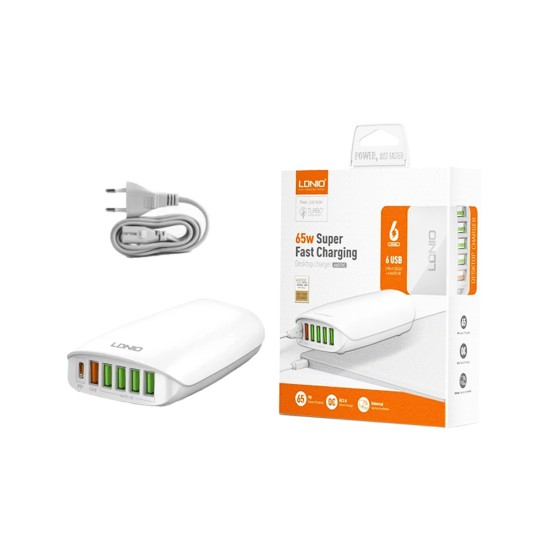 Adaptador Ldnio A6573C 6Ports USB+Tipo-C 65W PD QC3,0 Branco