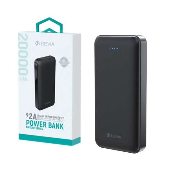 Power Bank Devia Kintone V2 com 2 Puertos Outputs 2USB+Tipo-C 20000mAh Preto