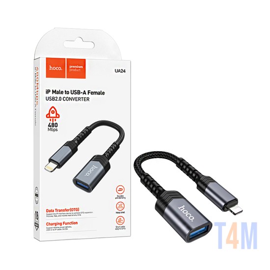 Adaptador Hoco UA24 macho Lightning para Fêmea USB Cinza Metálico