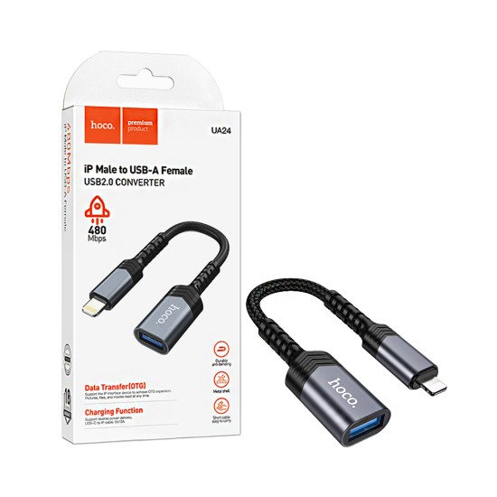 Adaptador Hoco UA24 macho Lightning para Fêmea USB Cinza Metálico