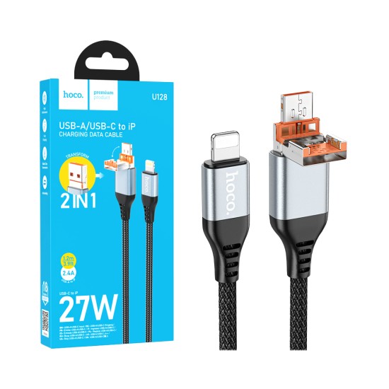 Cabo de Carregamento 2 em 1 Hoco U128 Viking 27W 2,4A USB-A/Tipo-C a Lightning 1,2m Preto