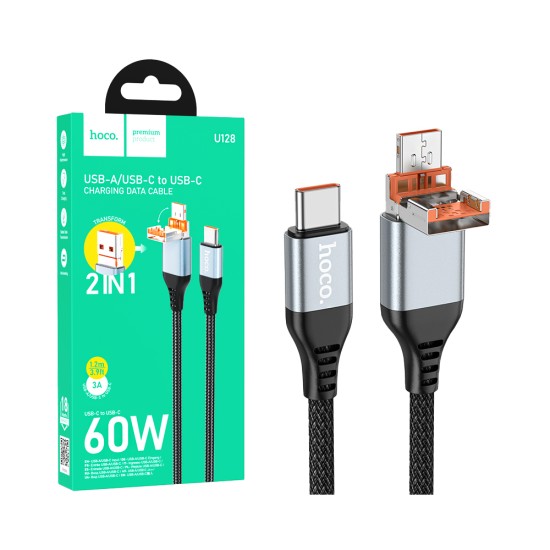 Cabo de Carregamento 2 em 1 Hoco U128 Viking 27W 2,4A USB-A/Tipo-C a Lightning 1,2m Preto