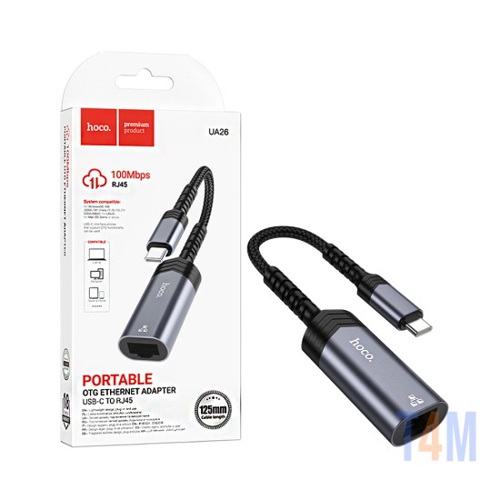 Adaptador Hoco UA26 Tipo-C para Ethernet 100Mbps Cinza Metálico