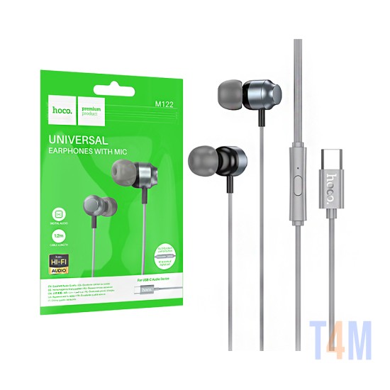 Auriculares Universal Hoco M122 Power con Cable y Micrófono Tipo-C 1,2m Gris metálico