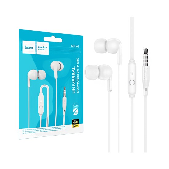 Hoco Universal Wired Earphones M124 Wide with Microphone 3.5mm 1.2m White