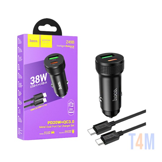 Cargador De Coche Hoco Z49B Level Puerto Doble USB+Tipo-C 38W con cable Tipo-C a Tipo-C 1M Negro