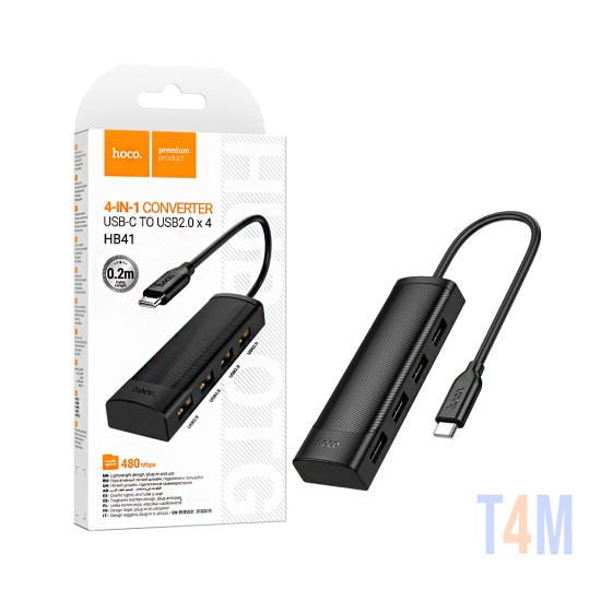 Adaptador Hoco HB41 Easy Safety Tipo-C para 4USB 2.0 0,2m Preto