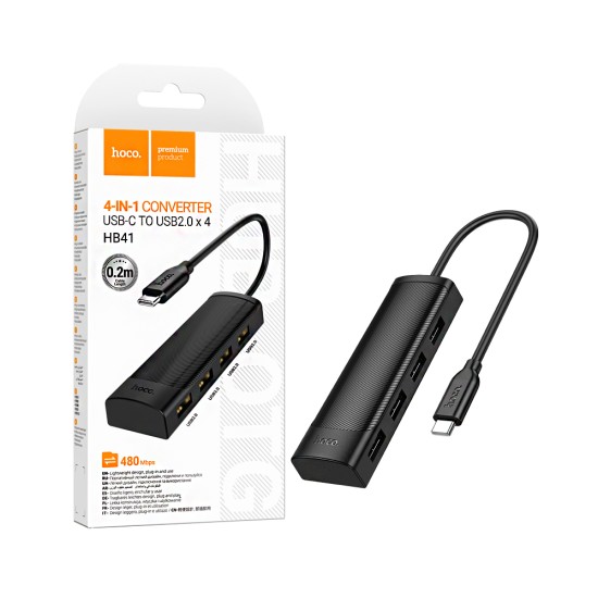 Adaptador Hoco HB41 Easy Safety Tipo-C para 4USB 2.0 0,2m Preto