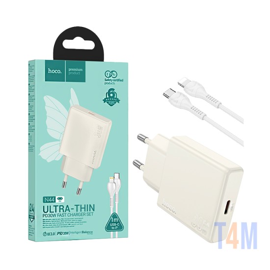 Cargador Hoco N44 Biscuit Tipo-C PD 30W GAN con Cable Tipo-C a Lightning Blanco Luz de Luna