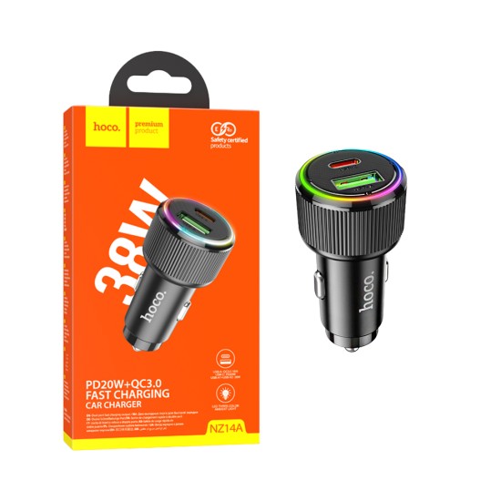 Carregador de Carro Hoco NZ14A Guerrero Porta Dupla USB+Tipo-C 38W Preto