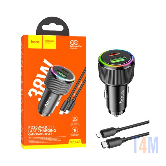 Cargador De Coche Hoco NZ14A Guerrero Puerto Doble USB+Tipo-C 38W con cable Tipo-C a Lightning 1M Negro