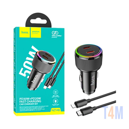 Cargador de Coche Hoco NZ14B Guerrero Puerto Doble Tipo-C 50W con Cable Tipo-C a Lightning 1M Negro