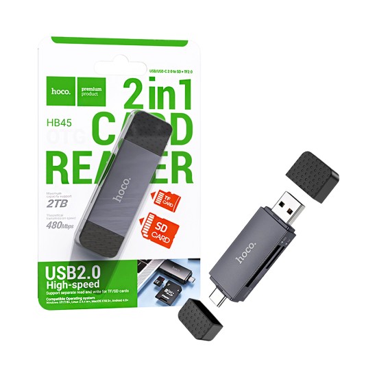 Leitor de Cartões 2 em 1 Hoco HB45 Spirit 2TB/480Mbps USB2,0 Cinza Metálico