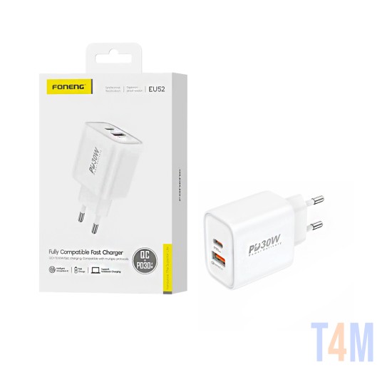 Foneng Adapter EU52 2 Ports USB+Tipo-C PD 30W White