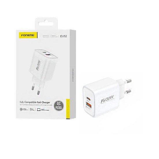 Adaptador Foneng EU52 2 Portas USB-A+Tipo-C PD 30W Branco