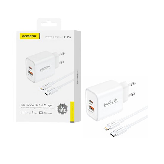 Carregador Foneng EU52 2 Portas USB-A+Tipo-C PD 30W com cabo Tipo-C para Lightning Branco