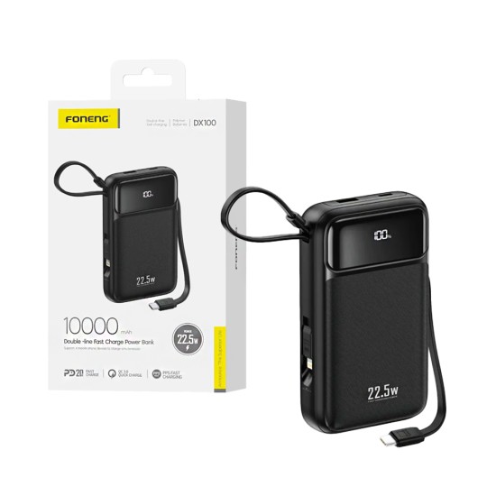 Foneng Power Bank DX100 with 2-in-1 Cable Lightning+Type-C PD20W 10000mAh Black