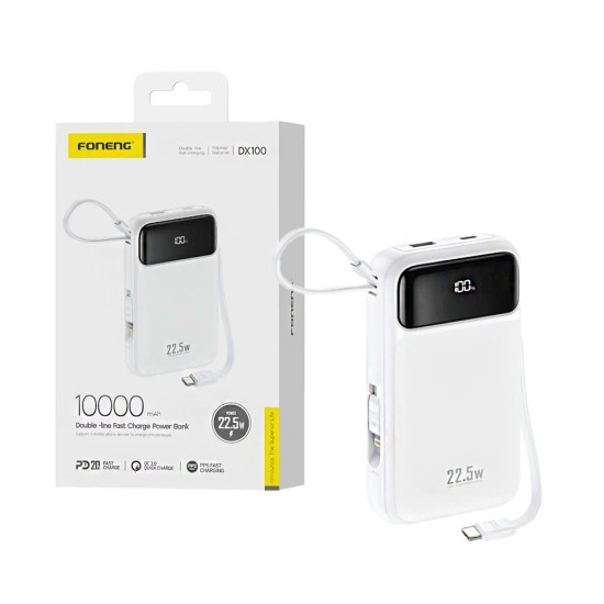 Foneng Power Bank DX100 with 2-in-1 Cable Lightning+Type-C PD20W 10000mAh White