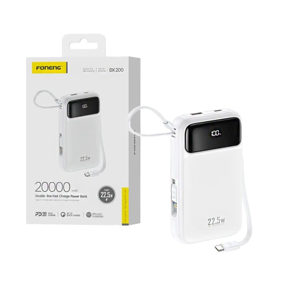 Foneng Power Bank DX200 with 2-in-1 Cable Lightning+Type-C PD20W 20000mAh White