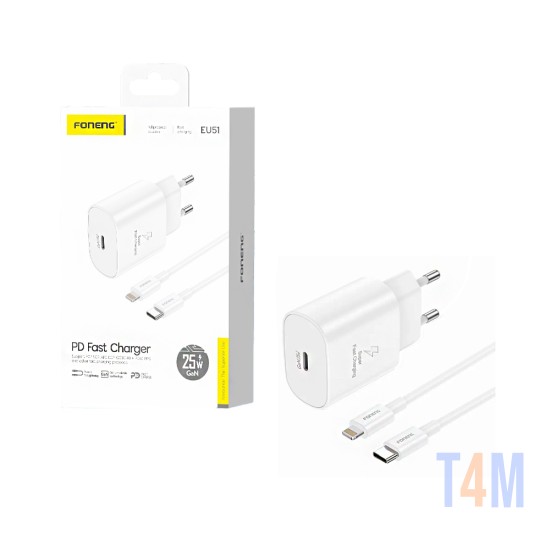 Carregador Foneng EU51 PD 25W GAN com cabo Tipo-C para Lightning Branco