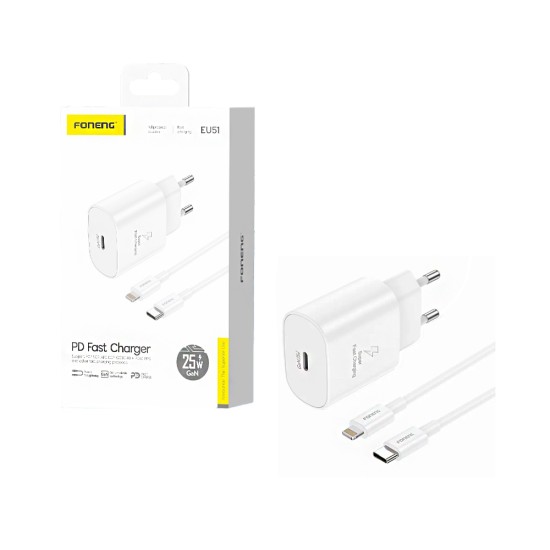 Carregador Foneng EU51 PD 25W GAN com cabo Tipo-C para Lightning Branco