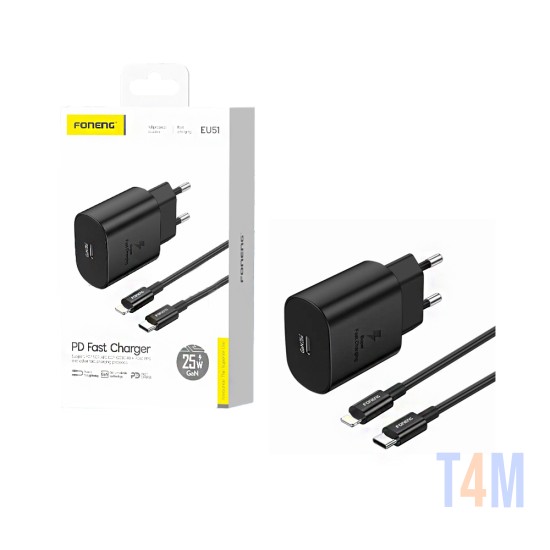 Foneng Charger EU51 PD 25W GAN with Type-C to Lightning Cable Black