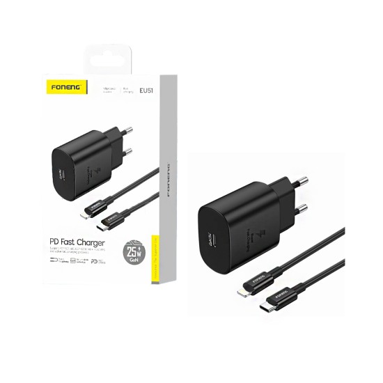 Carregador Foneng EU51 PD 25W GAN com cabo Tipo-C para Lightning Preto