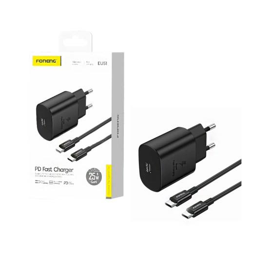 Carregador Foneng EU51 PD 25W GAN com cabo Tipo-C para Tipo-C Preto