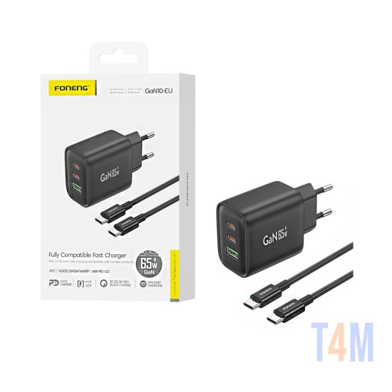 Carregador Foneng GAN10 3 Portas USB-A+2 Tipo-C PD 65W GAN com cabo Tipo-C para Tipo-C Preto