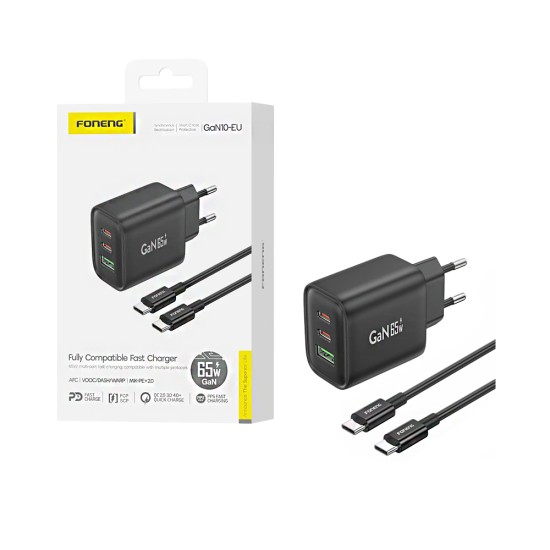 Carregador Foneng GAN10 3 Portas USB-A+2 Tipo-C PD 65W GAN com cabo Tipo-C para Tipo-C Preto