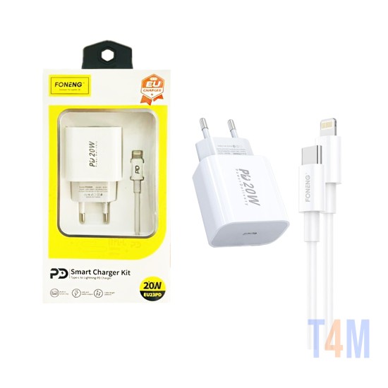 Carregador Foneng EU23 PD 20W com cabo Tipo-C para Lightning Branco